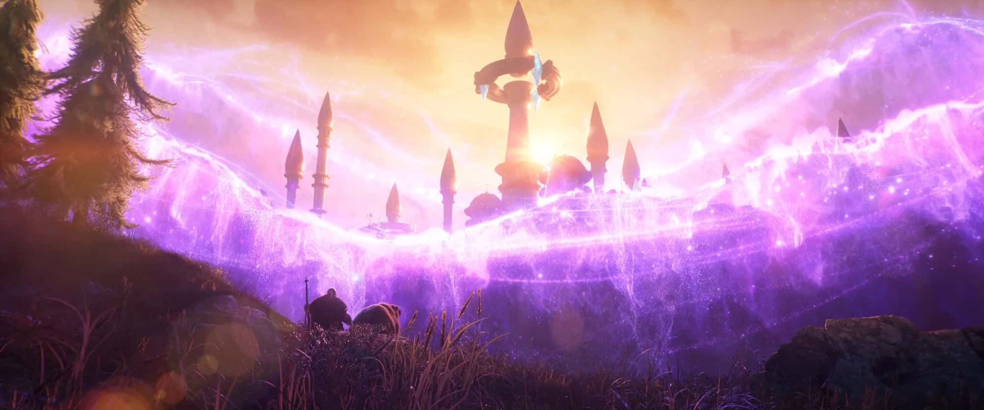 Two travelers on a hillside below a city wrapped in violet light