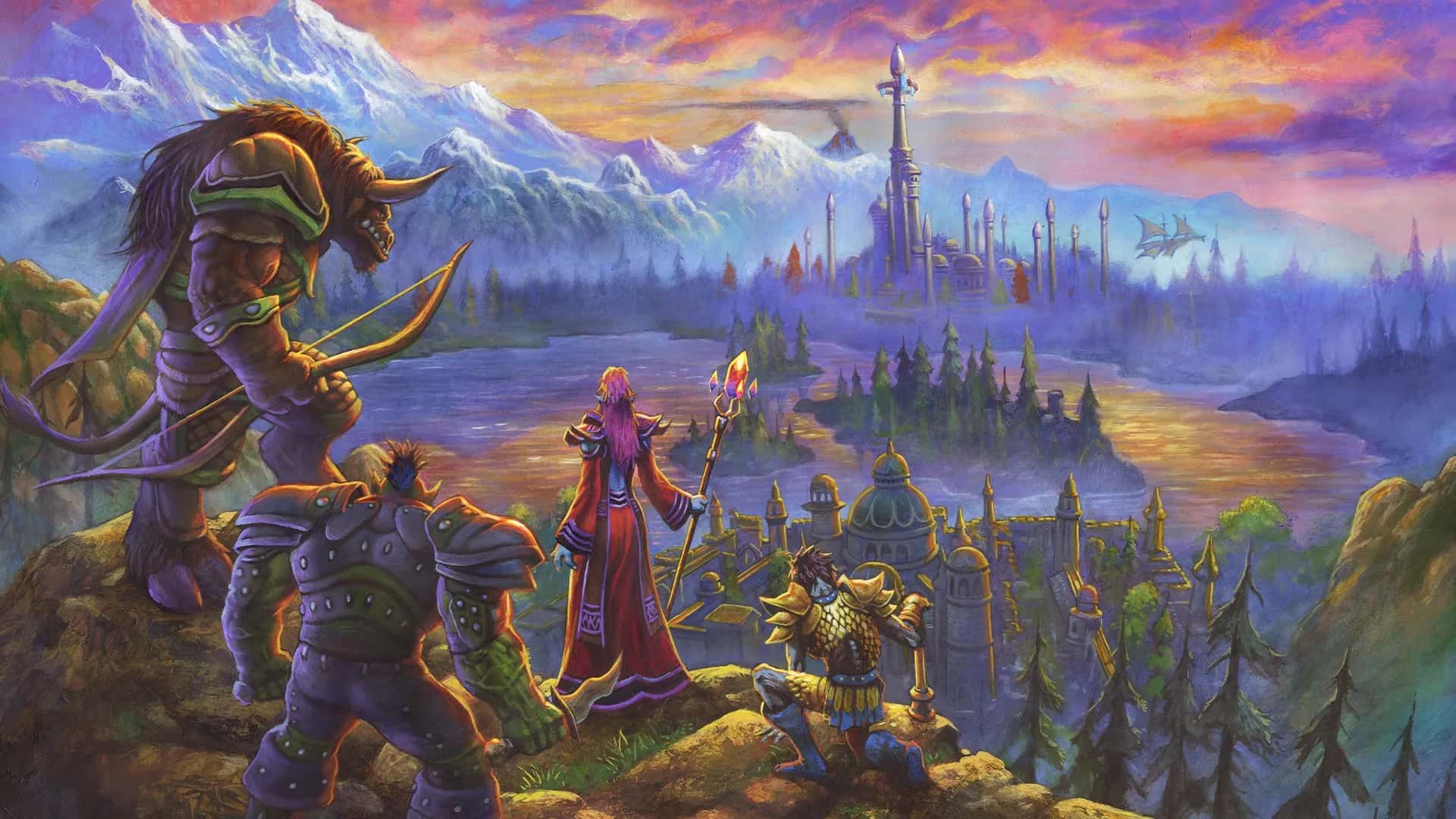 A group of adventurers looking across a lake toward a city