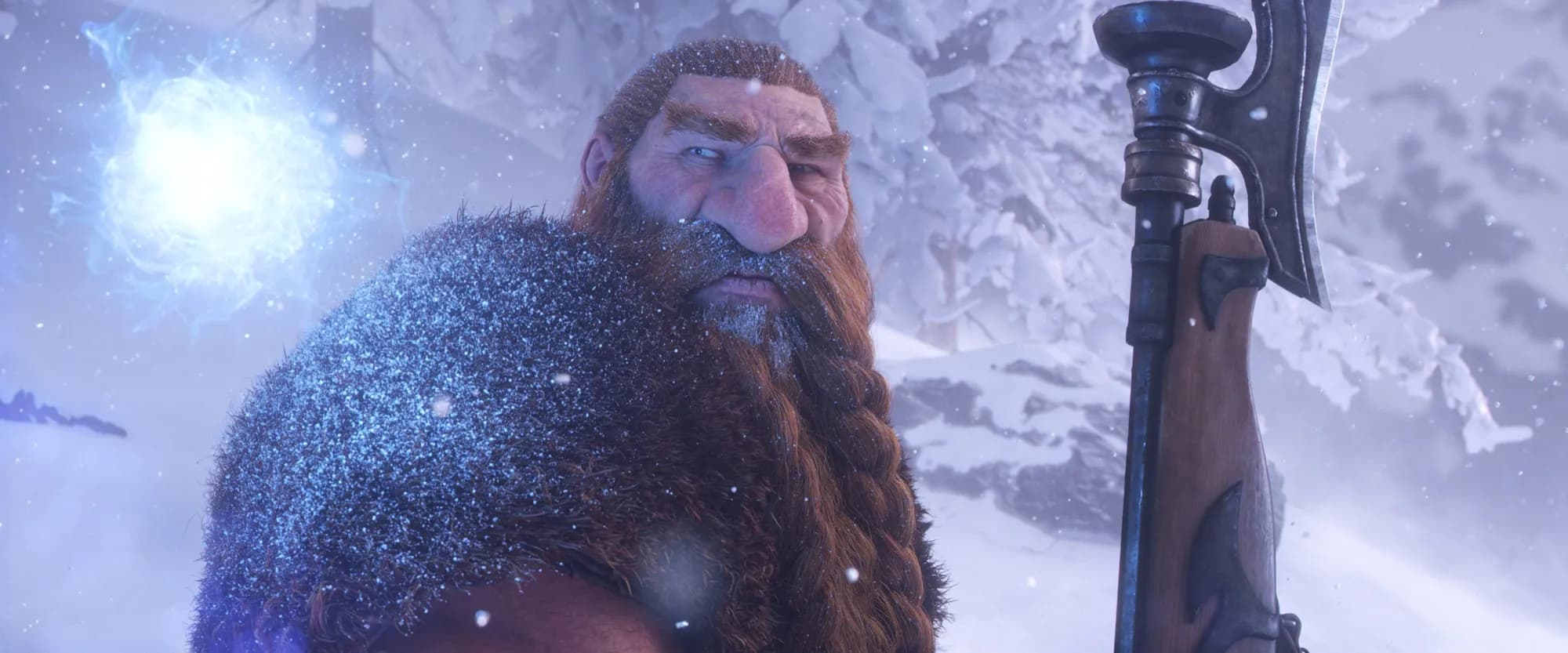 A dwarf hunter with a rifle in falling snow