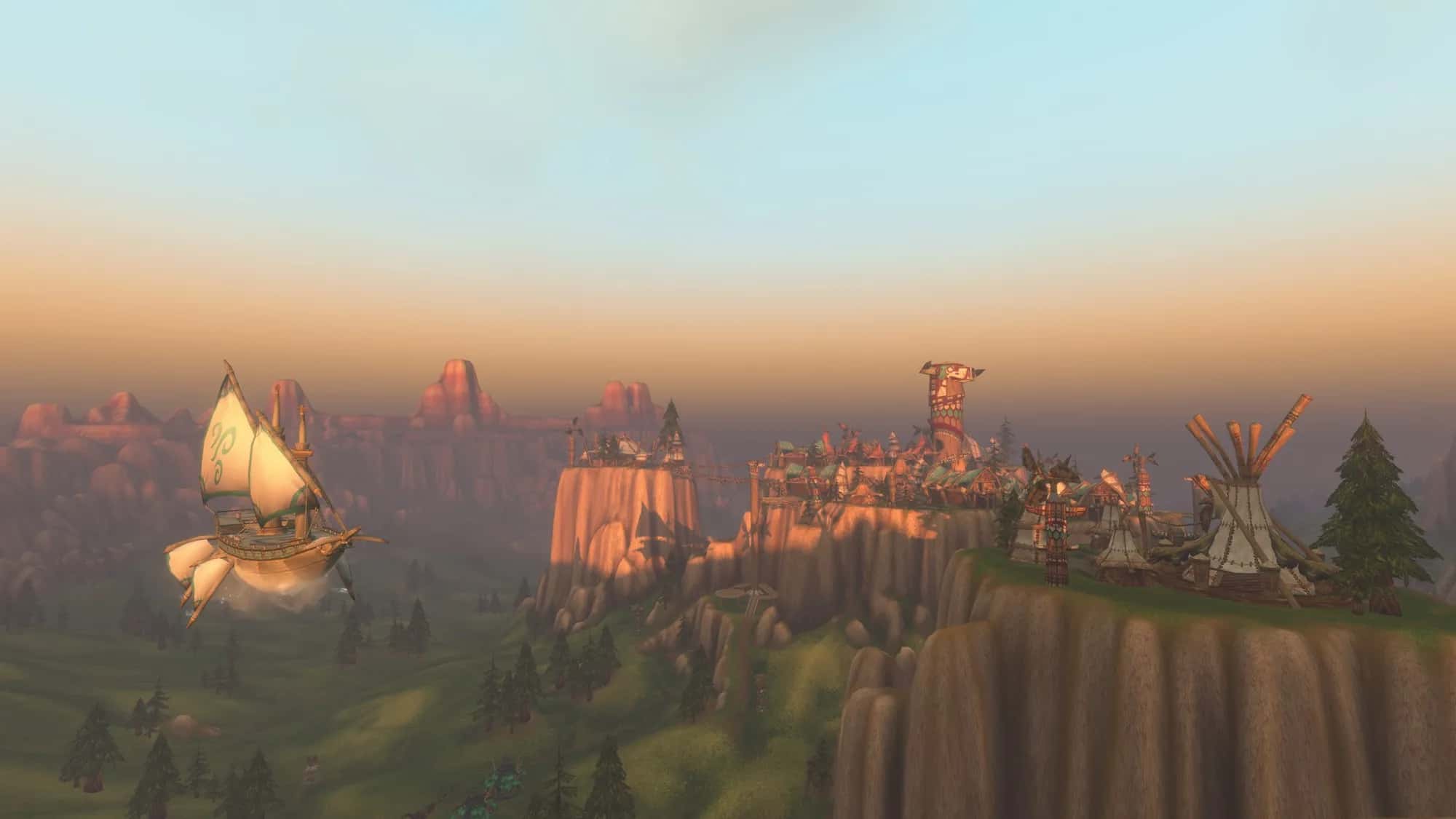 A skyship beside the cliffs of Mulgore at sunset