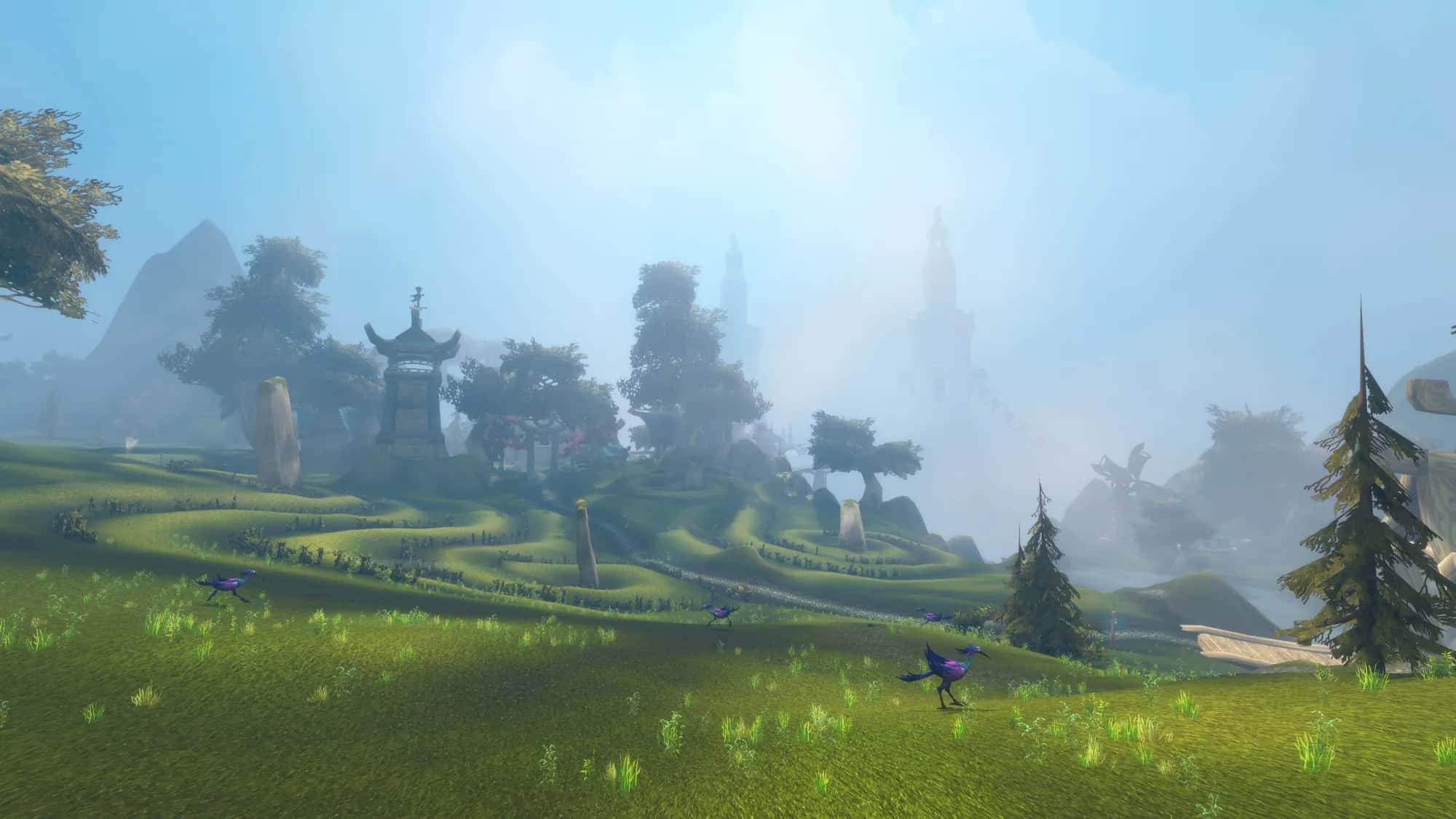 Zephras Isle, green hills in morning fog