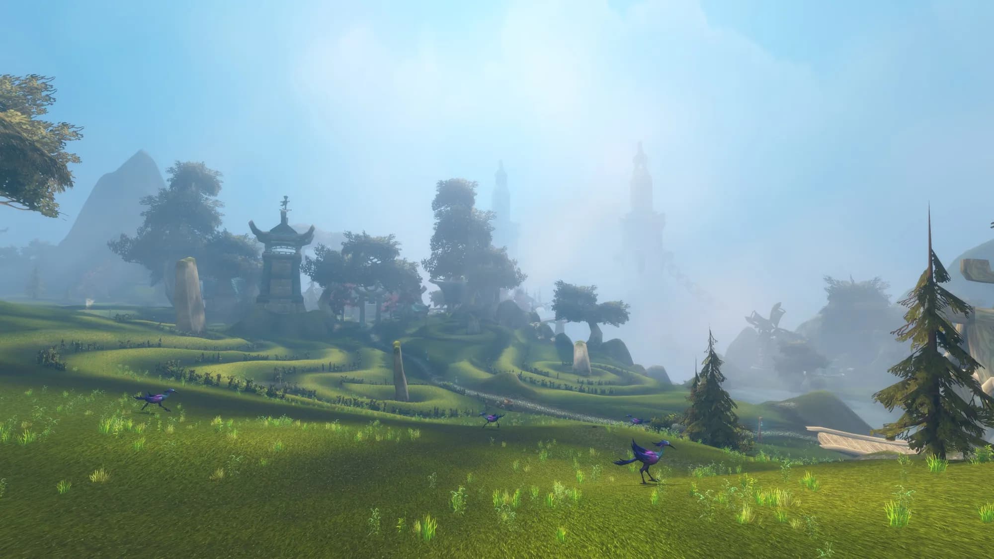 Zephras Isle, green hills in morning fog