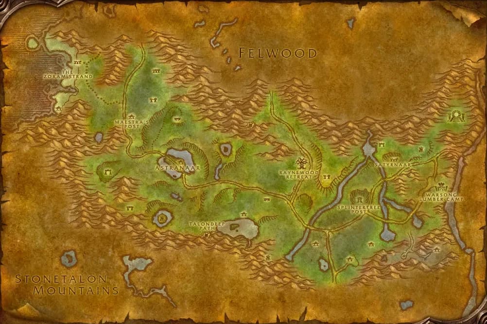 Map of Ashenvale with spawn points marked
