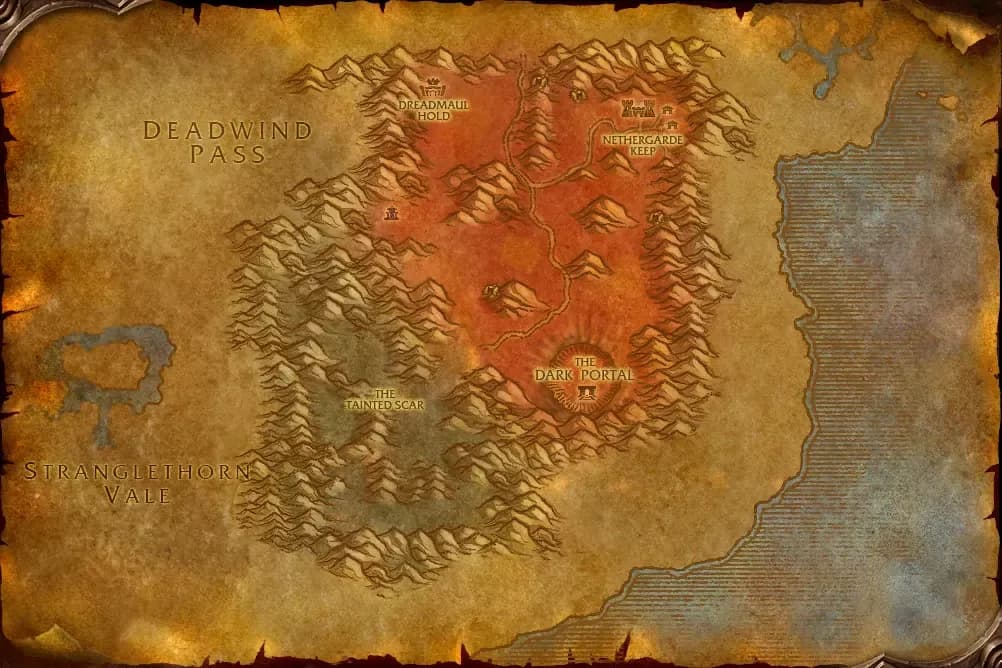 Map of Blasted Lands with spawn points marked