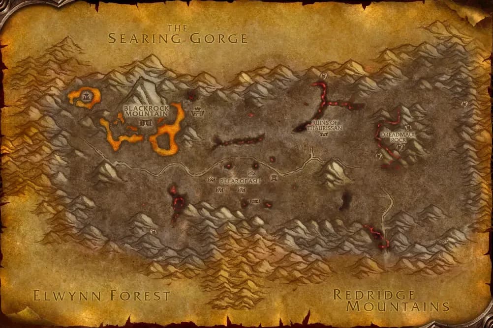 Map of Burning Steppes with spawn points marked