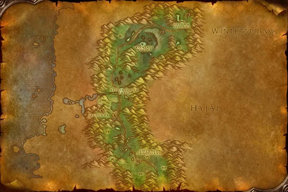 Map of Felwood with spawn points marked