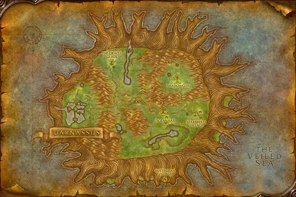 Map of Teldrassil with spawn points marked