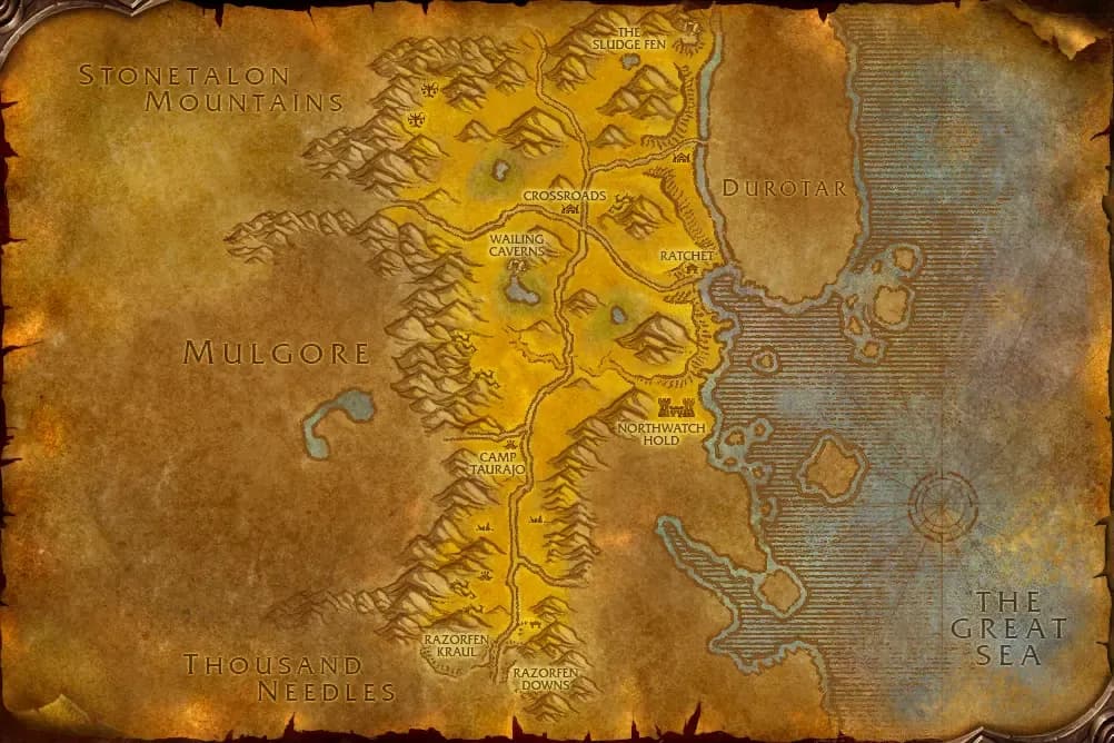 Map of The Barrens with spawn points marked