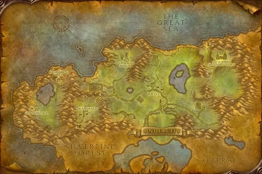 Map of Tirisfal Glades, Whispering Forest with spawn points marked
